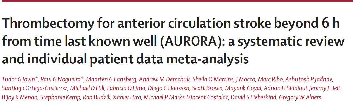 Thrombectomy for anterior circulation stroke beyond 6 h from time last known well (AURORA)
